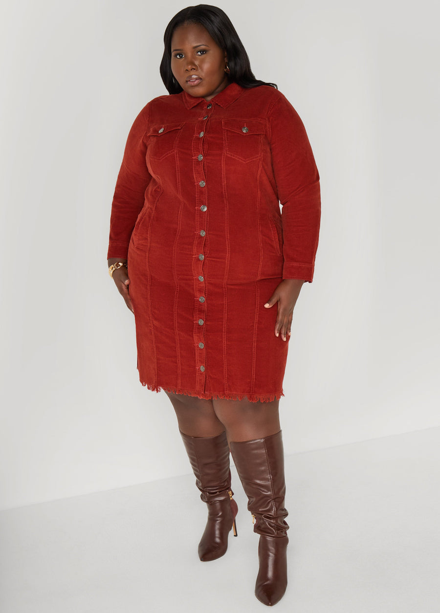 Plus Size Frayed Corduroy Shirtdress