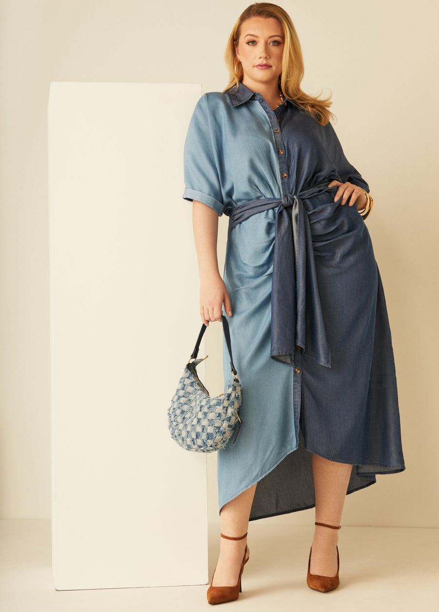 Plus Size denim dress two tone colorblock chambray dress midaxi dress