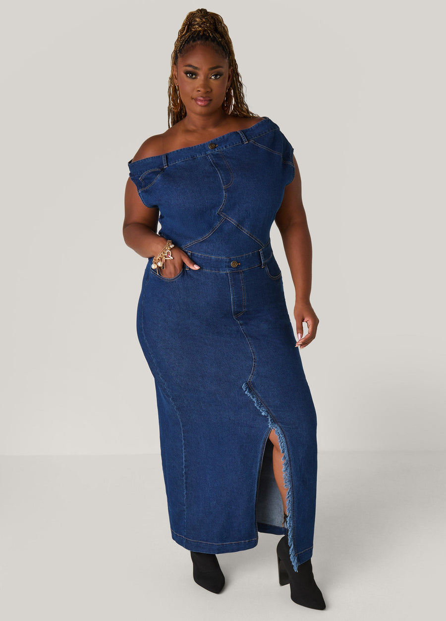 Plus Size Off The Shoulder Denim Maxi Dress