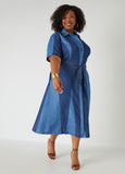 Denim Color Block Shirtdress with Tie Waist
