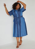 Denim Color Block Shirtdress with Tie Waist