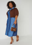 Denim Color Block Shirtdress with Tie Waist