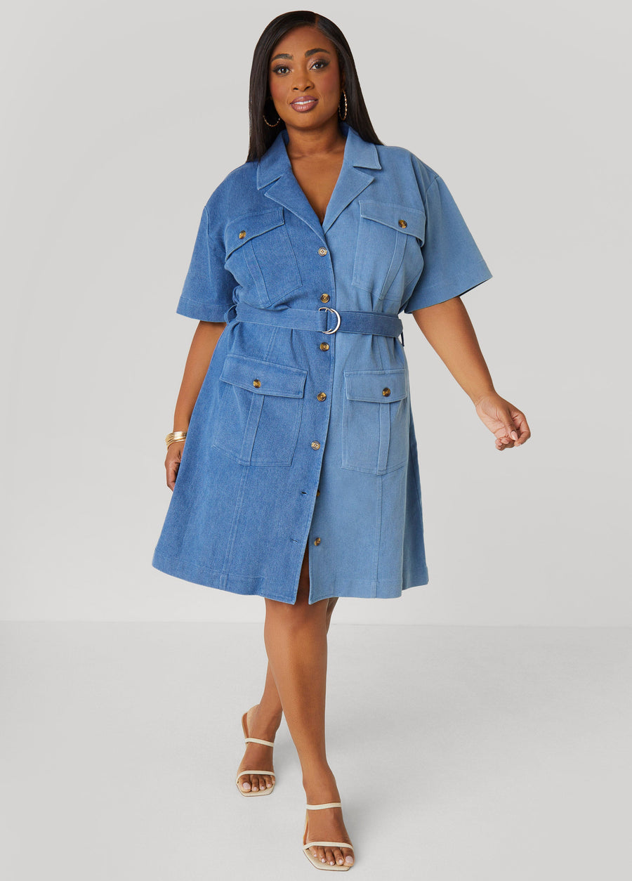 Plus Size Two Tone Denim Shirtdress