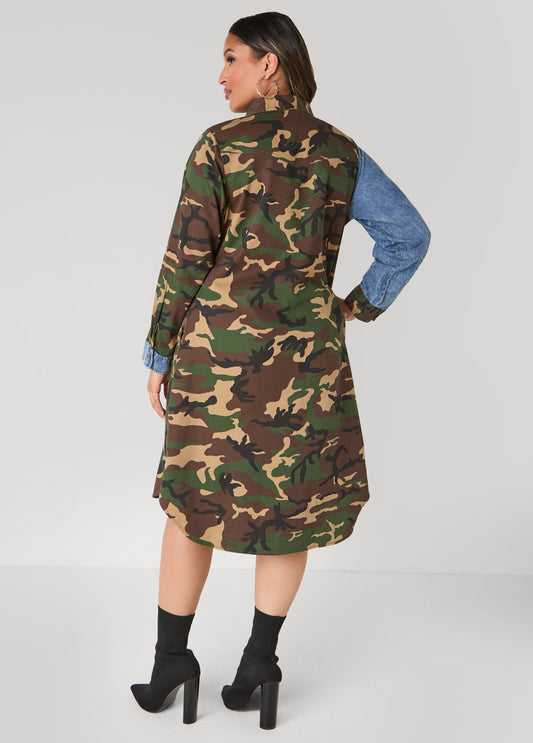 Denim Paneled Camo Shirtdress
