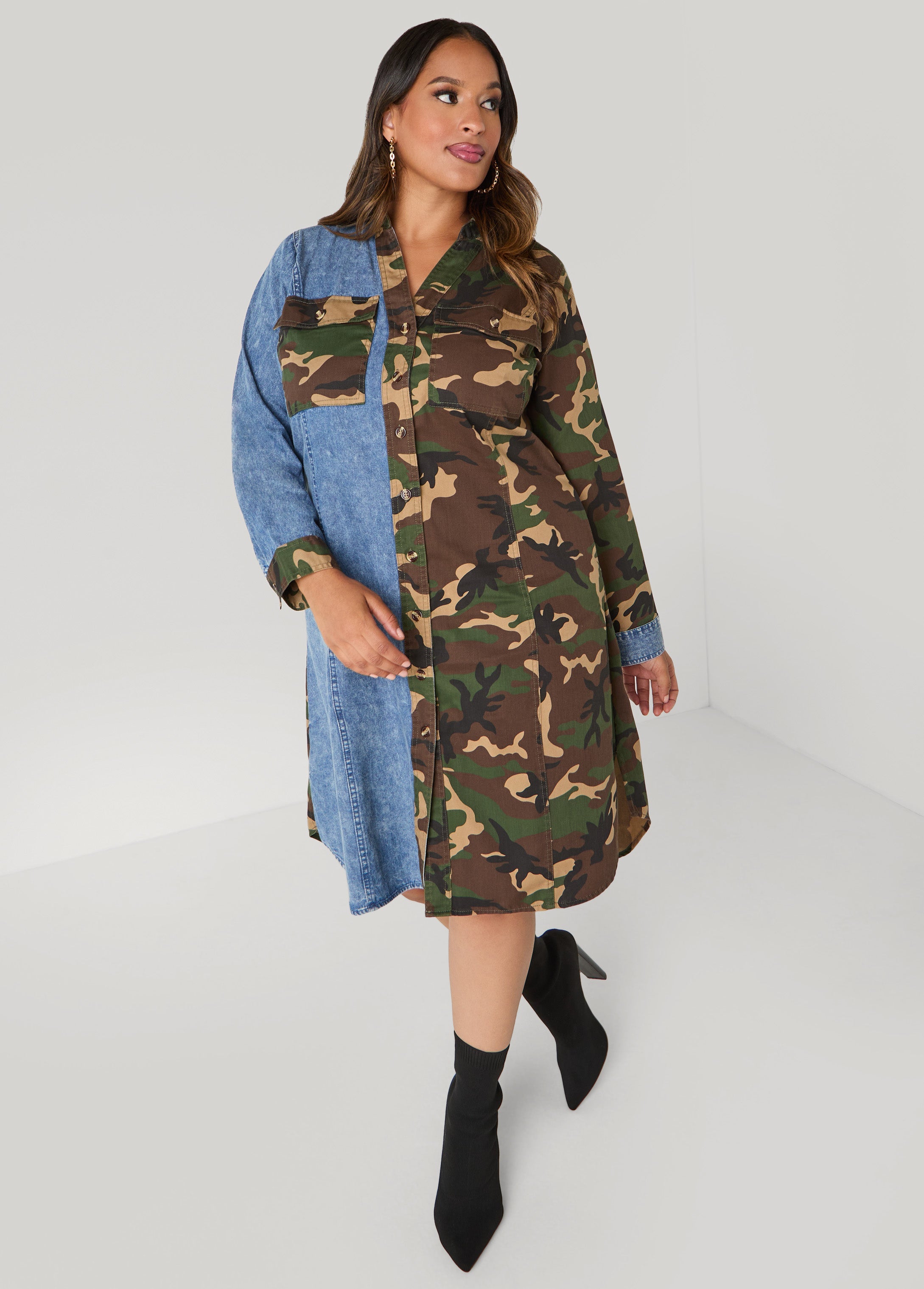 Plus Size Denim Paneled Camo Shirtdress