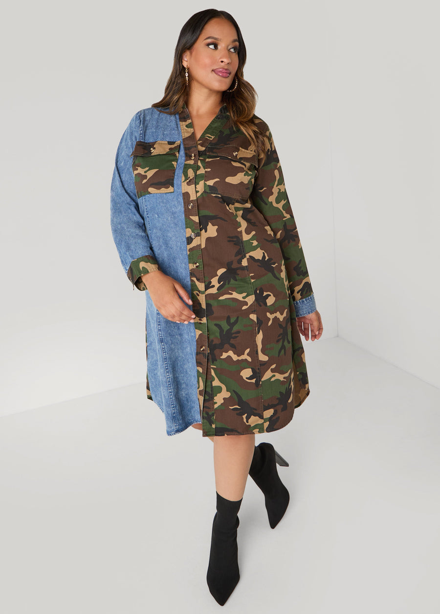 Plus Size Denim Paneled Camo Shirtdress