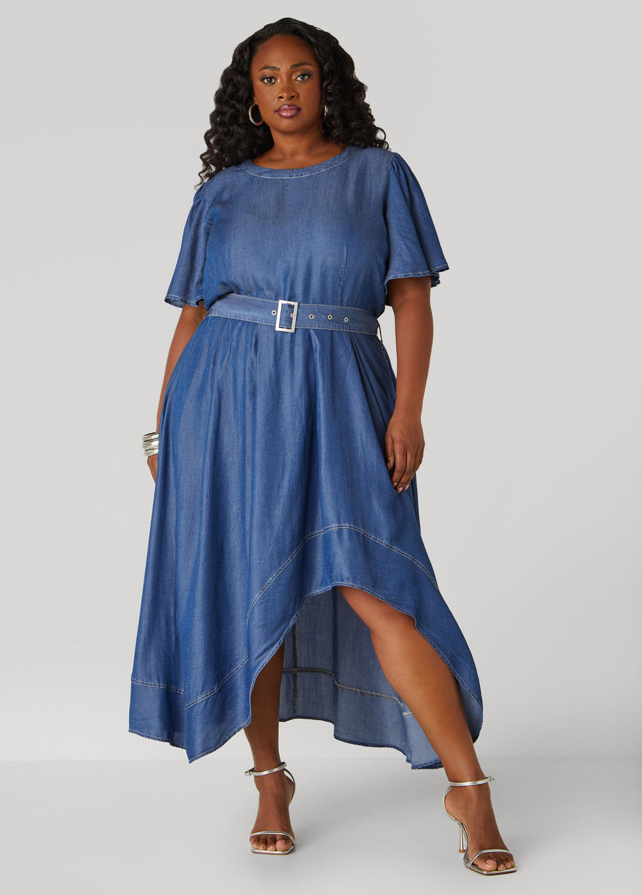 Plus Size Belted A Line Chambray Dress