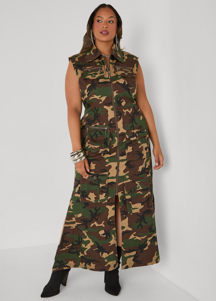 Plus Size Camo Denim Cargo Maxi Dress