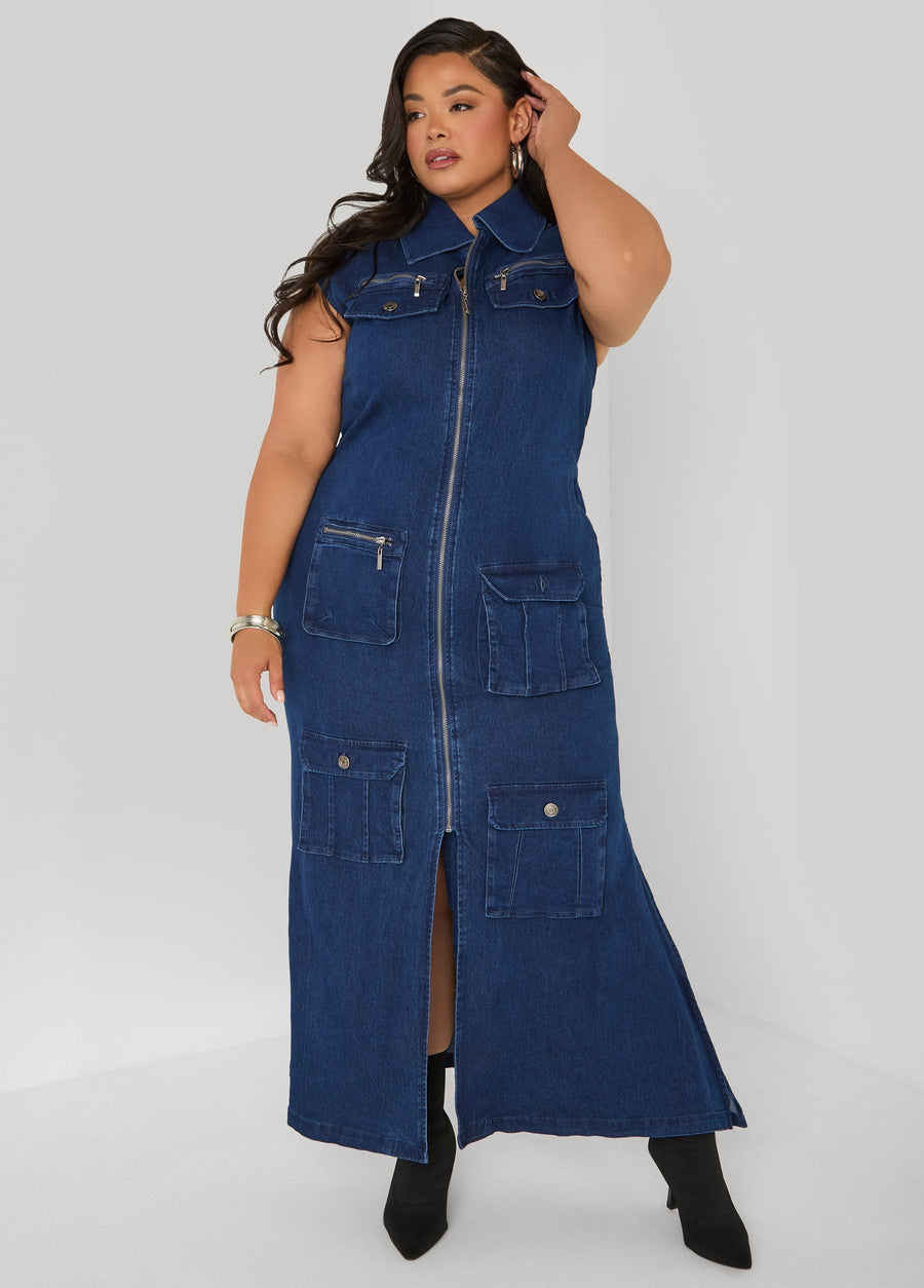 Plus Size Denim Cargo Maxi Dress