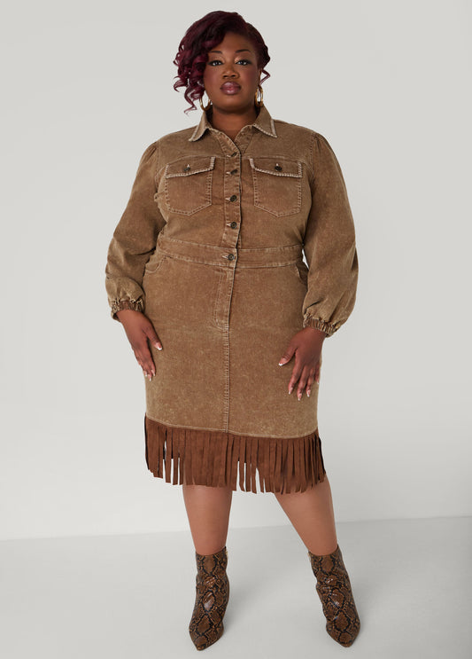 Plus Size Fringed Denim Shirtdress