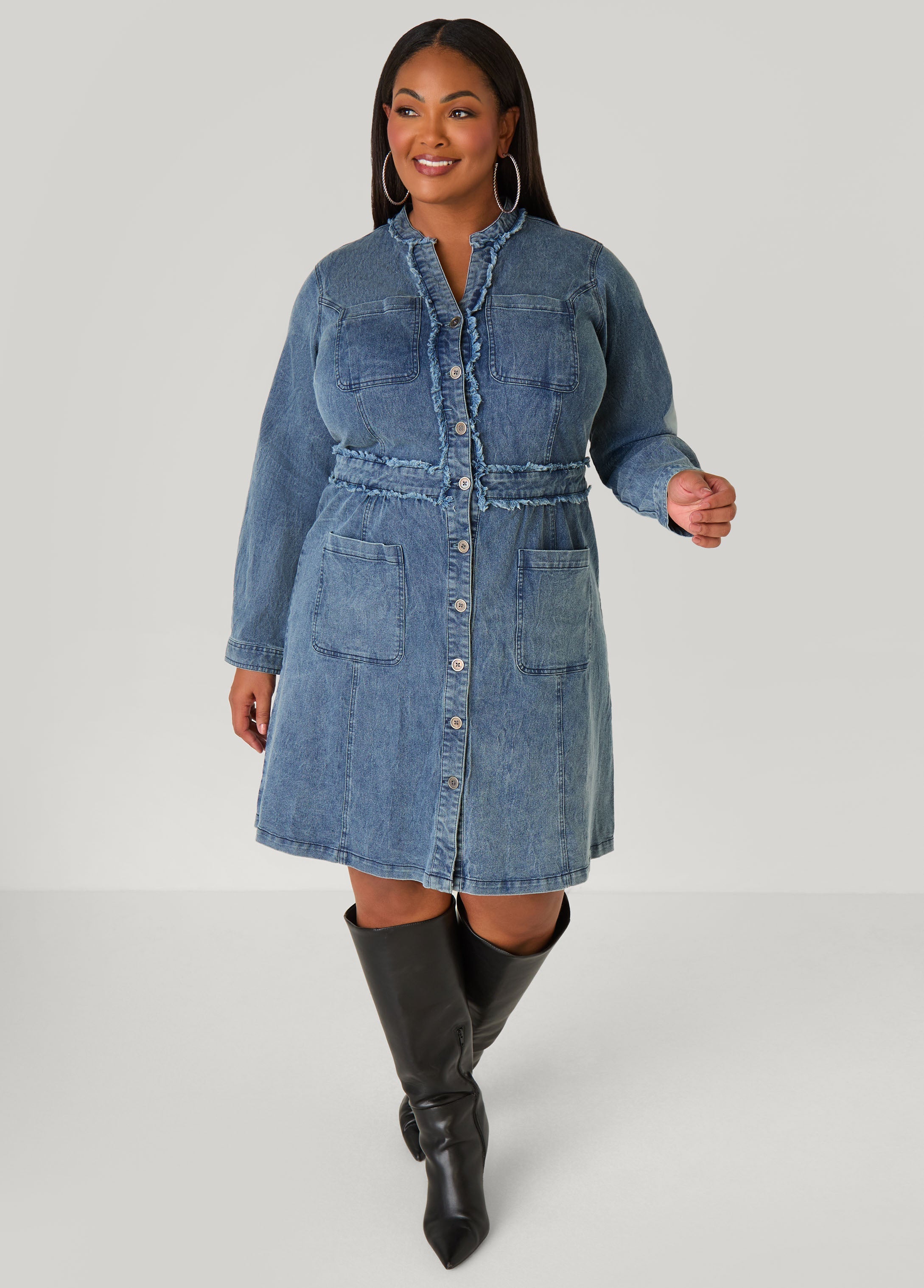 Plus Size Frayed Denim Shirtdress