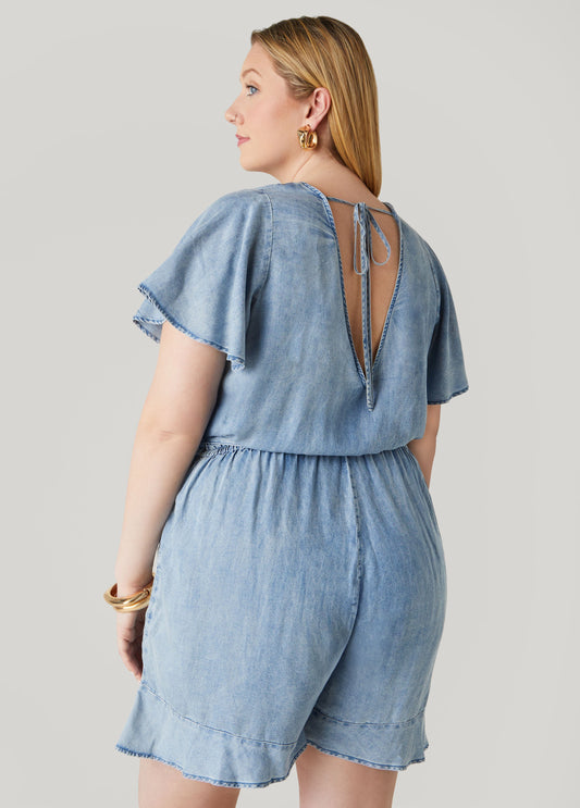 Ruffle Trimmed Chambray Romper
