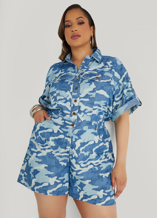 Camo Print Denim Romper