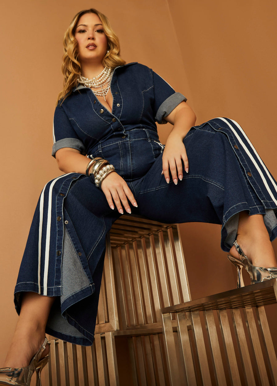 Plus Size Denim Jumpsuit Plus Size Jean Jumpsuit Striped Wide Leg Pants