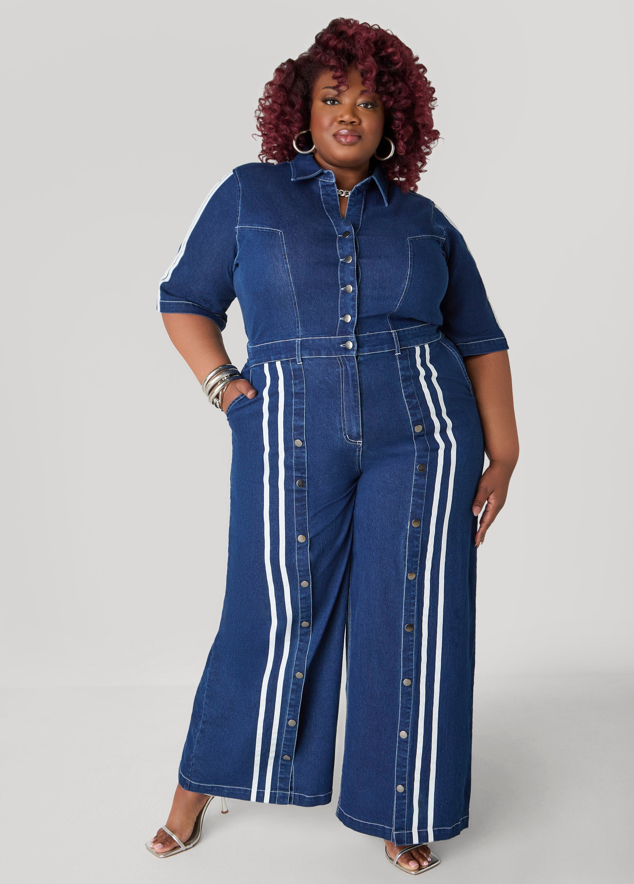 Plus Size Denim Jumpsuit Plus Size Jean Jumpsuit Striped Wide Leg Pants