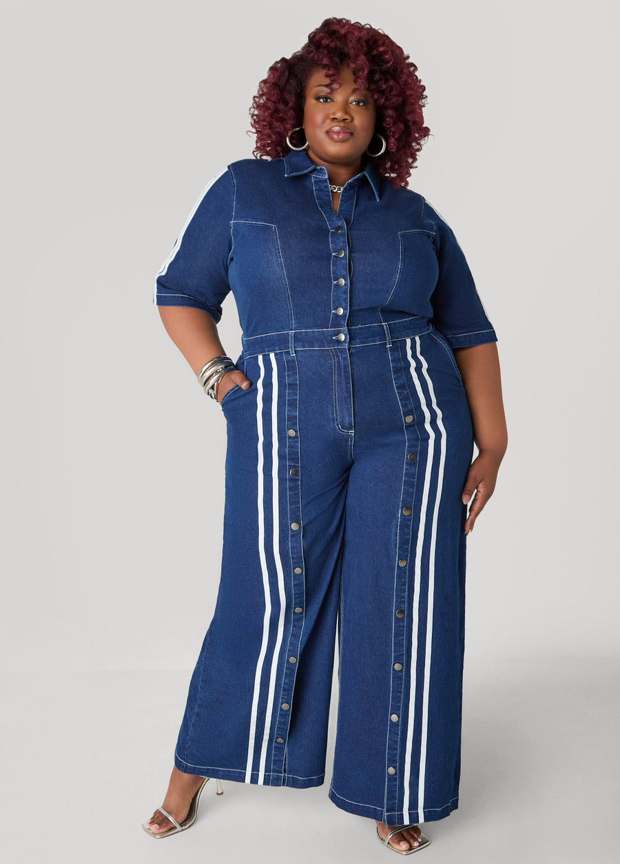 Plus Size Denim Jumpsuit Plus Size Jean Jumpsuit Striped Wide Leg Pants