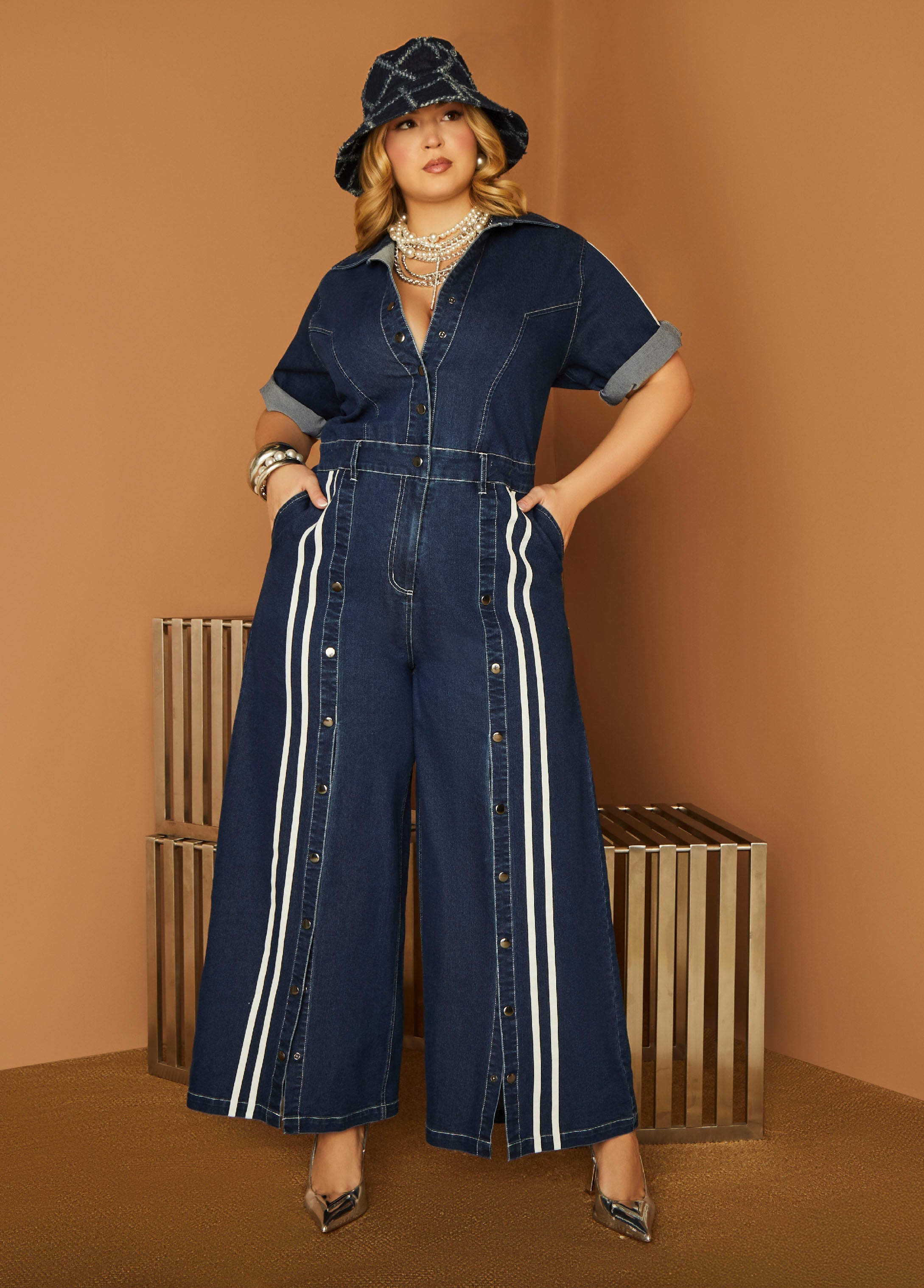 Plus Size Denim Jumpsuit Plus Size Jean Jumpsuit Striped Wide Leg Pants