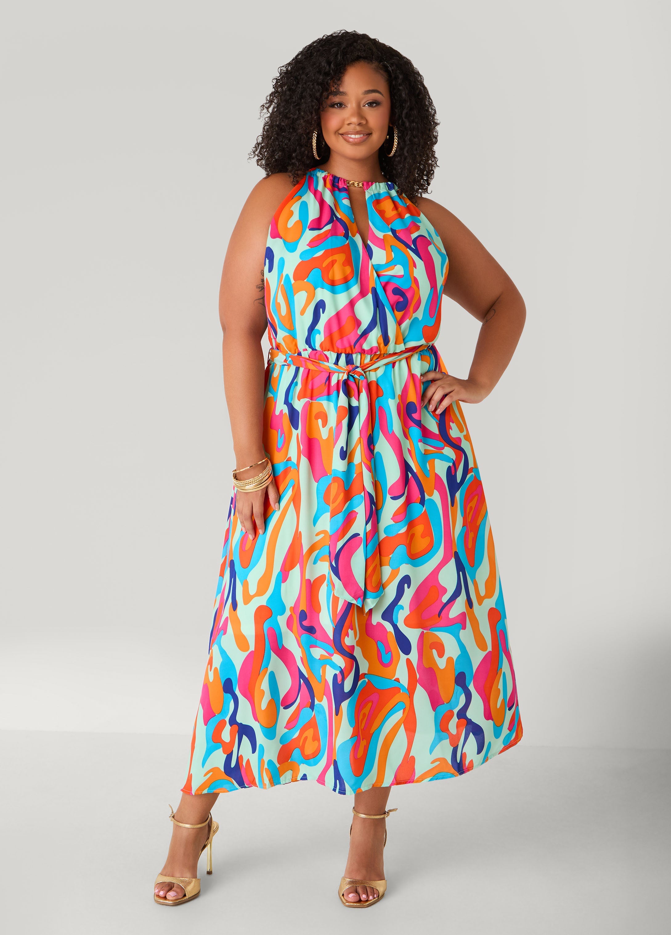 Plus Size Chain Trimmed Abstract Print Dress