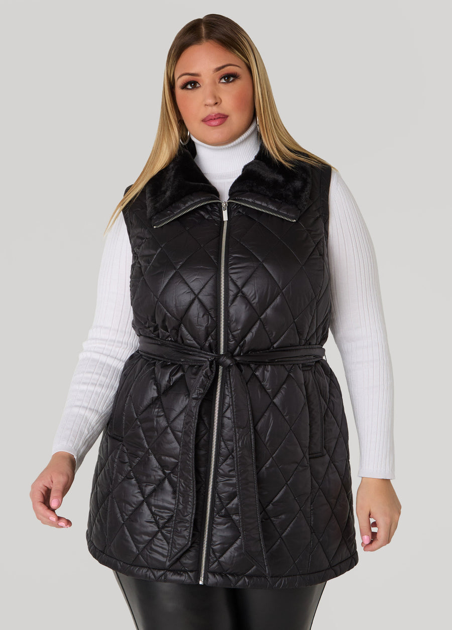 Plus Size Faux Fur Trimmed Quilted Vest