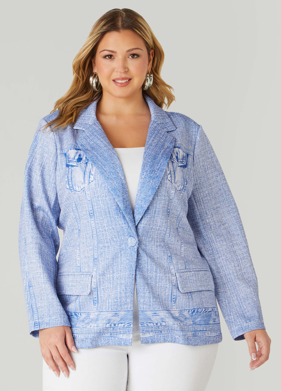 Plus Size Button Front Denim Print Blazer