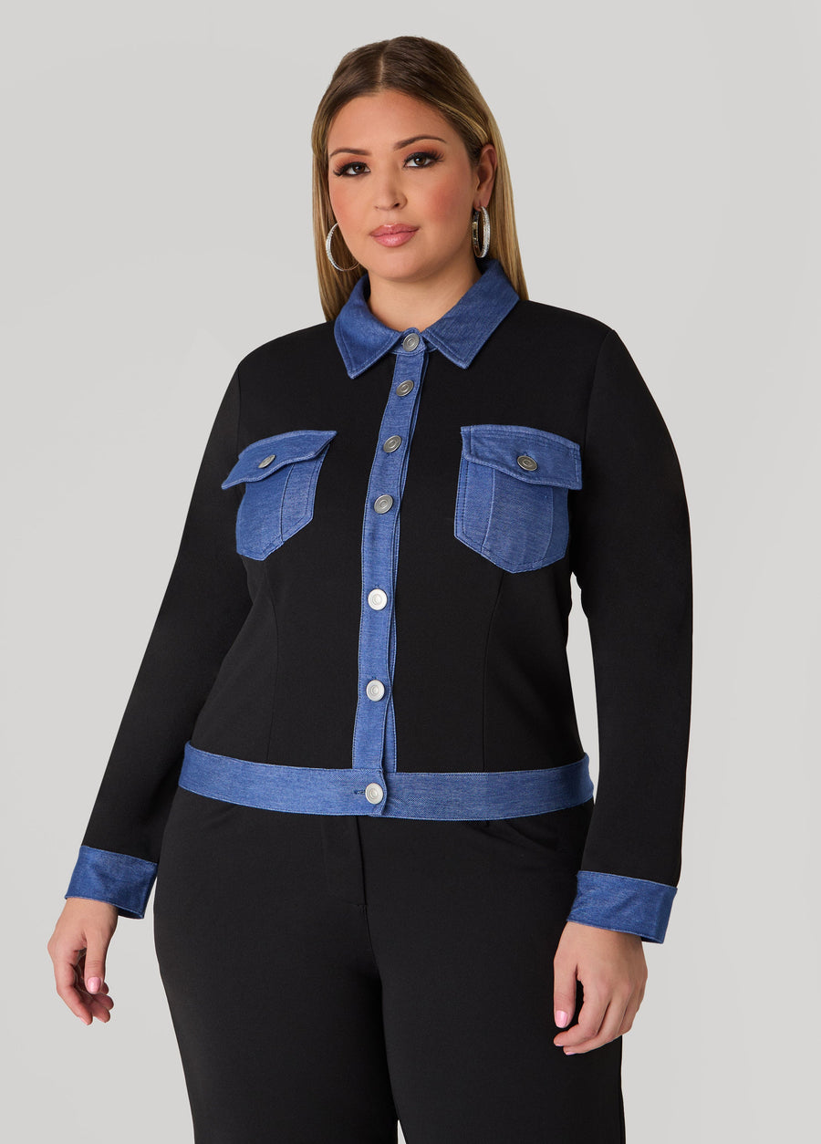 Plus Size Denim Paneled Jacket