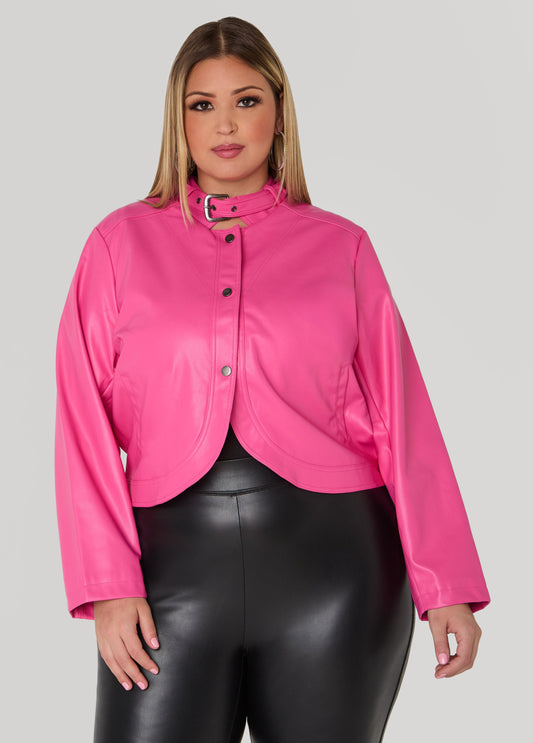 Buckle Collar Faux Leather Jacket
