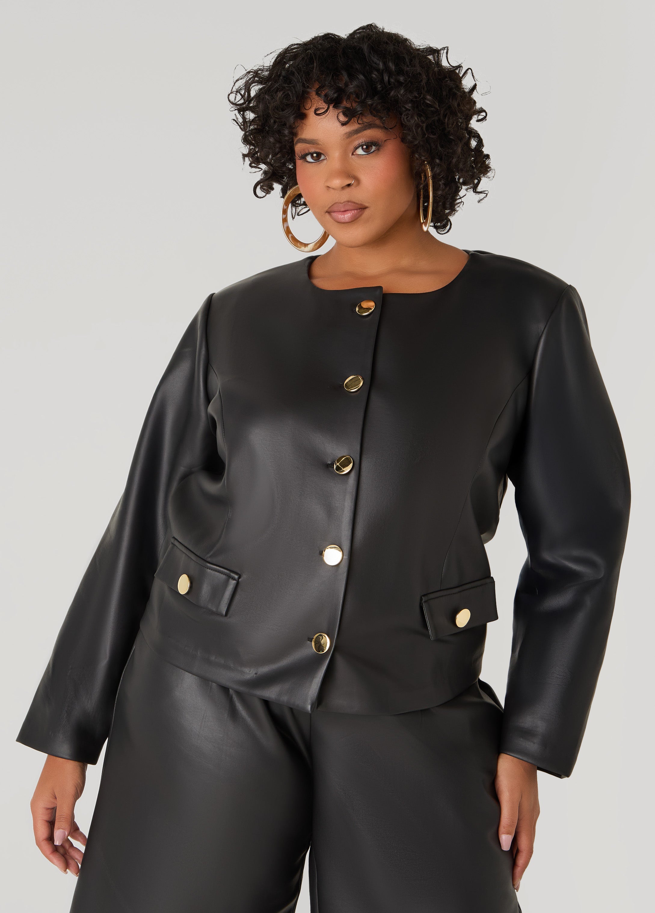 Plus Size Button Detailed Faux Leather Jacket