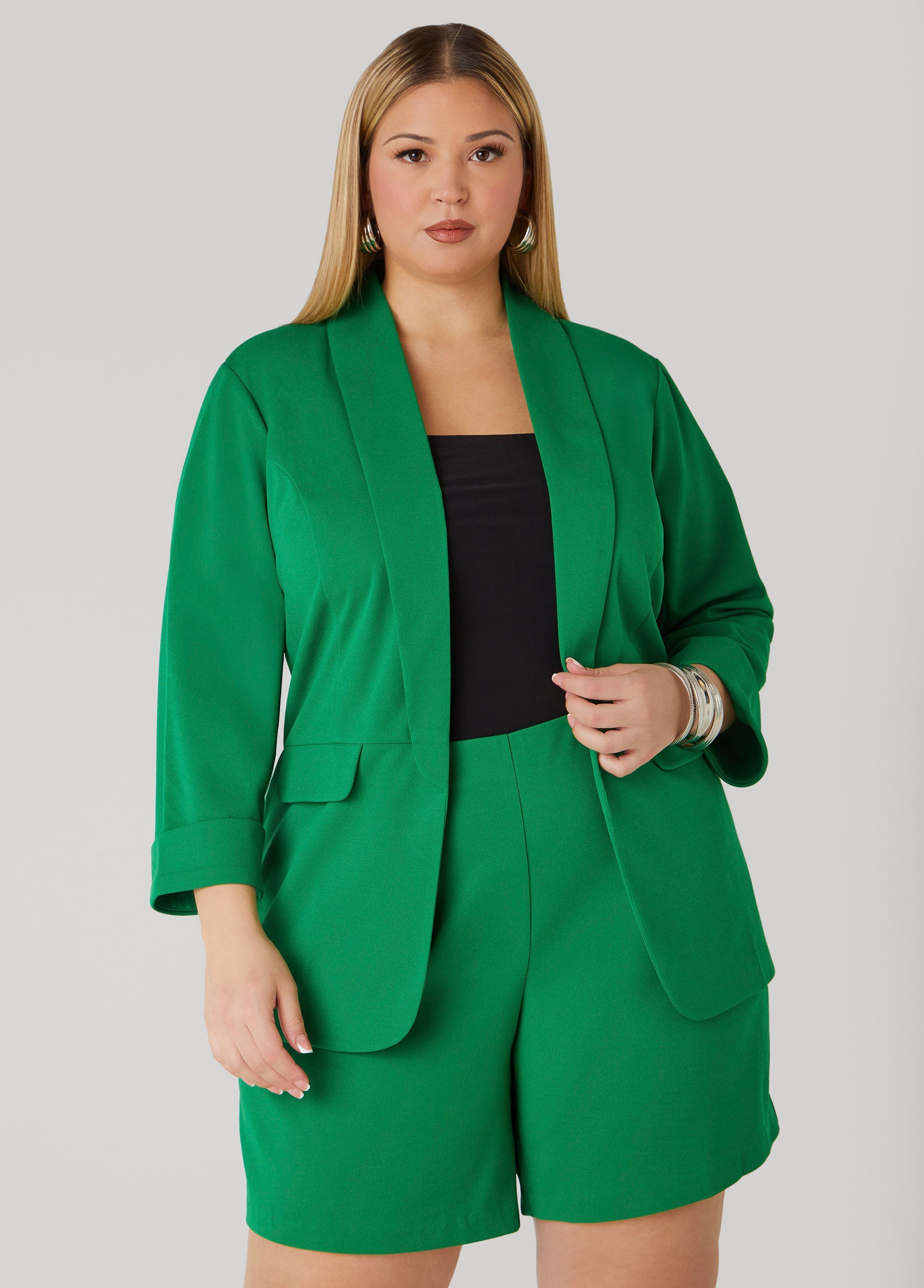 Plus Size Cuffed Open Front Blazer