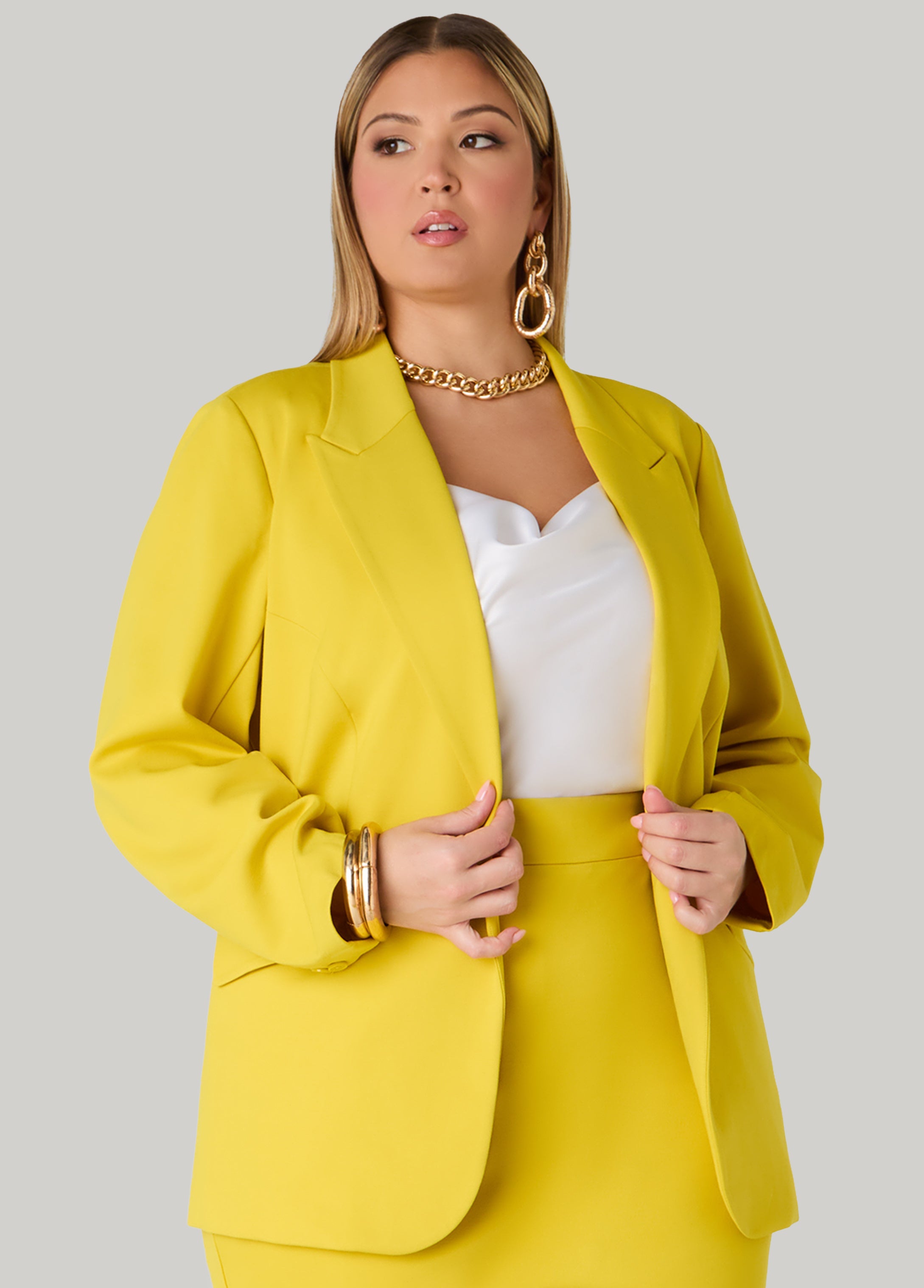 Plus Size Knit Blazer Yellow Suit Jacket Three Piece Suit Set