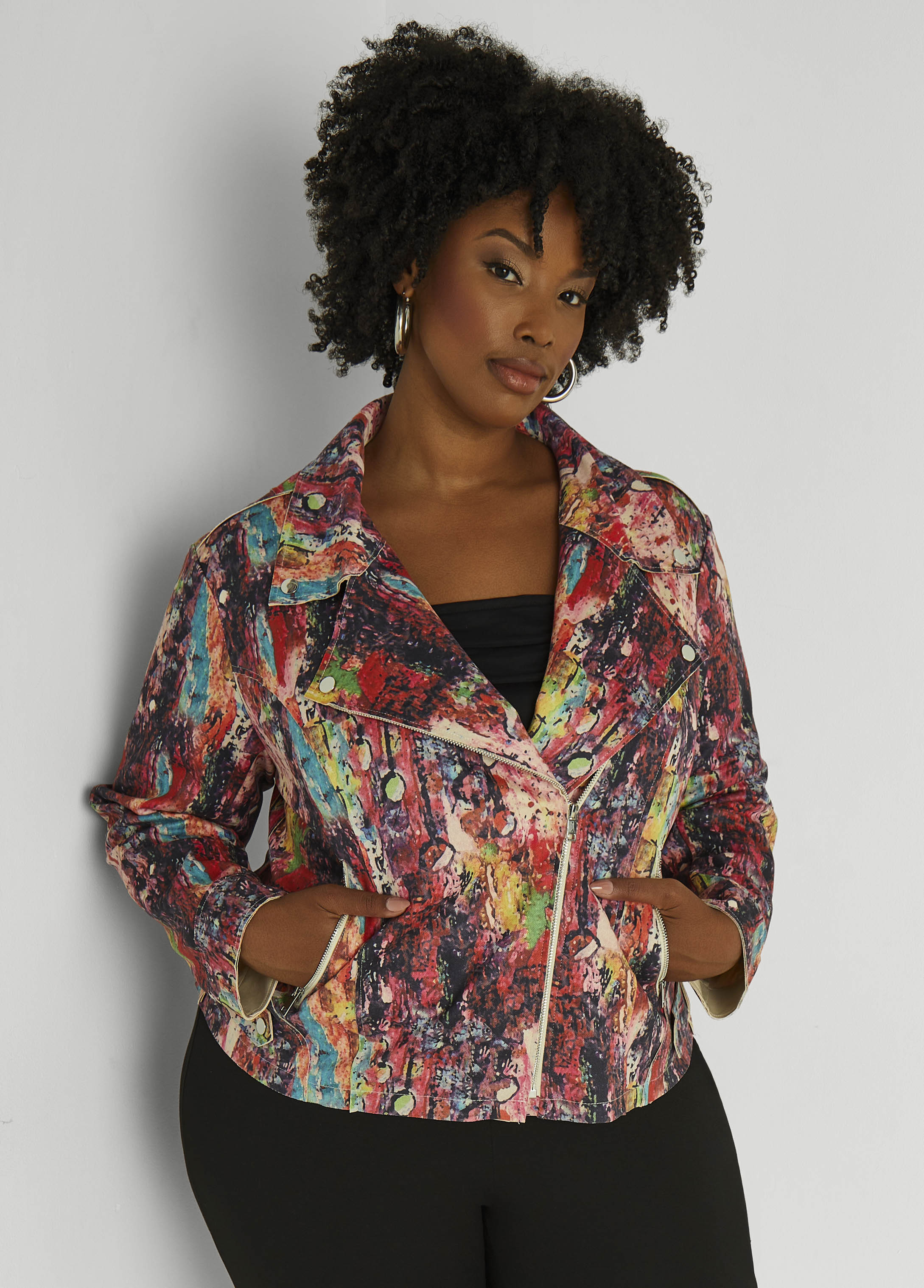 Plus Size Graffiti Print Moto Jacket