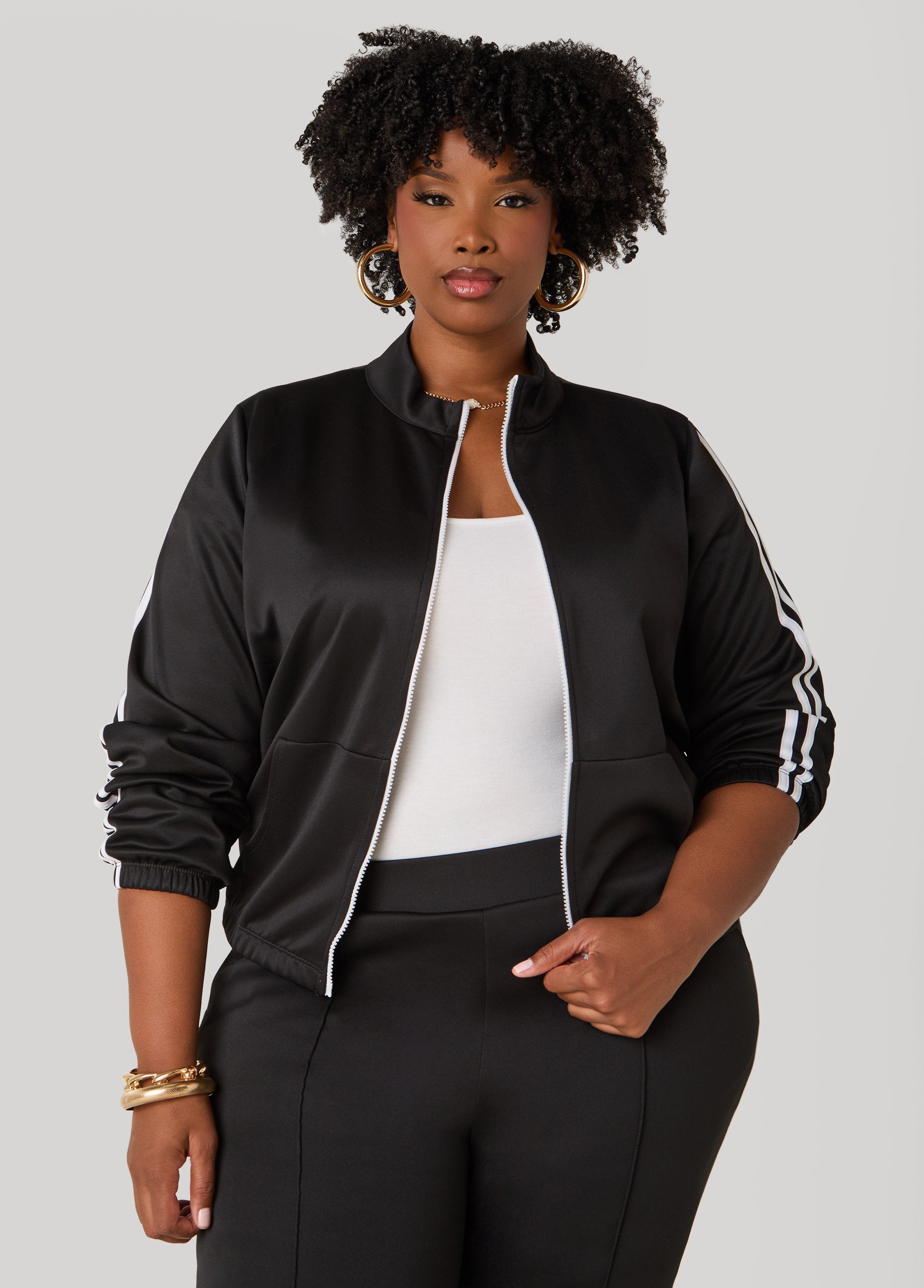 Plus Size Striped Zip Front Jacket