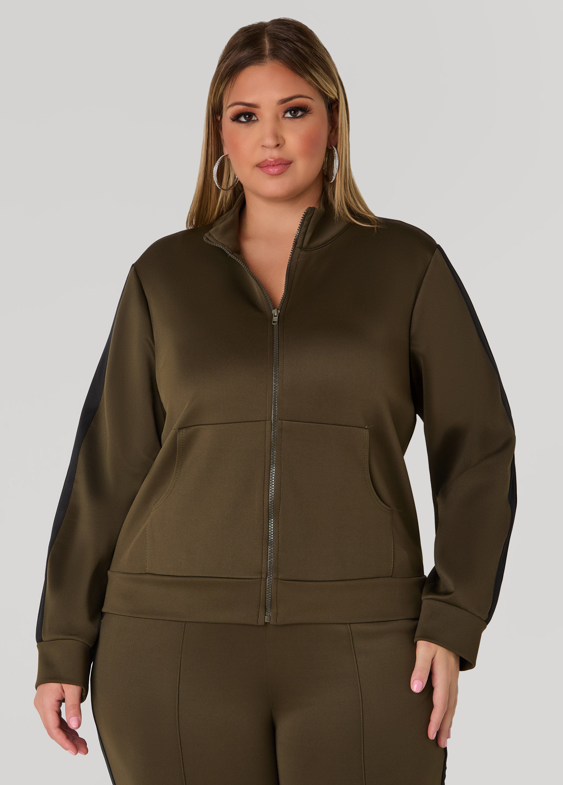 Plus Size Striped Zip Front Track Jacket