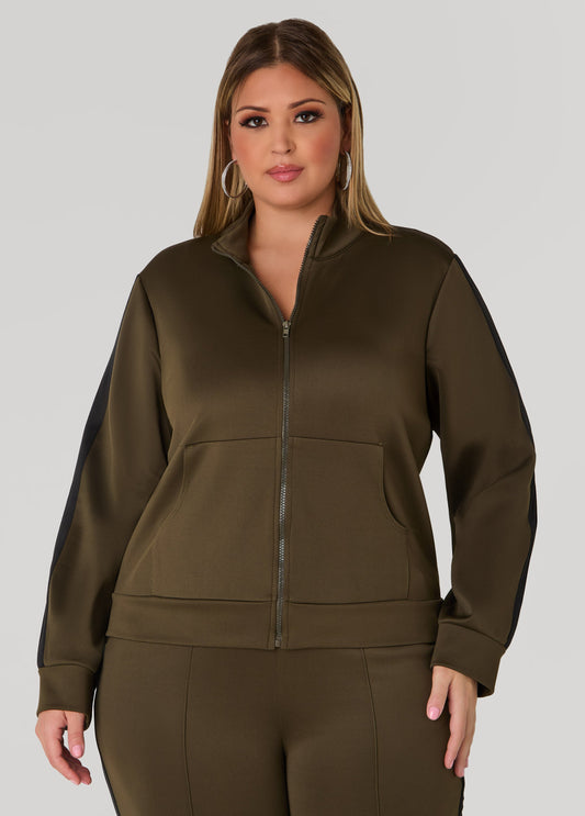 Plus Size Striped Zip Front Track Jacket