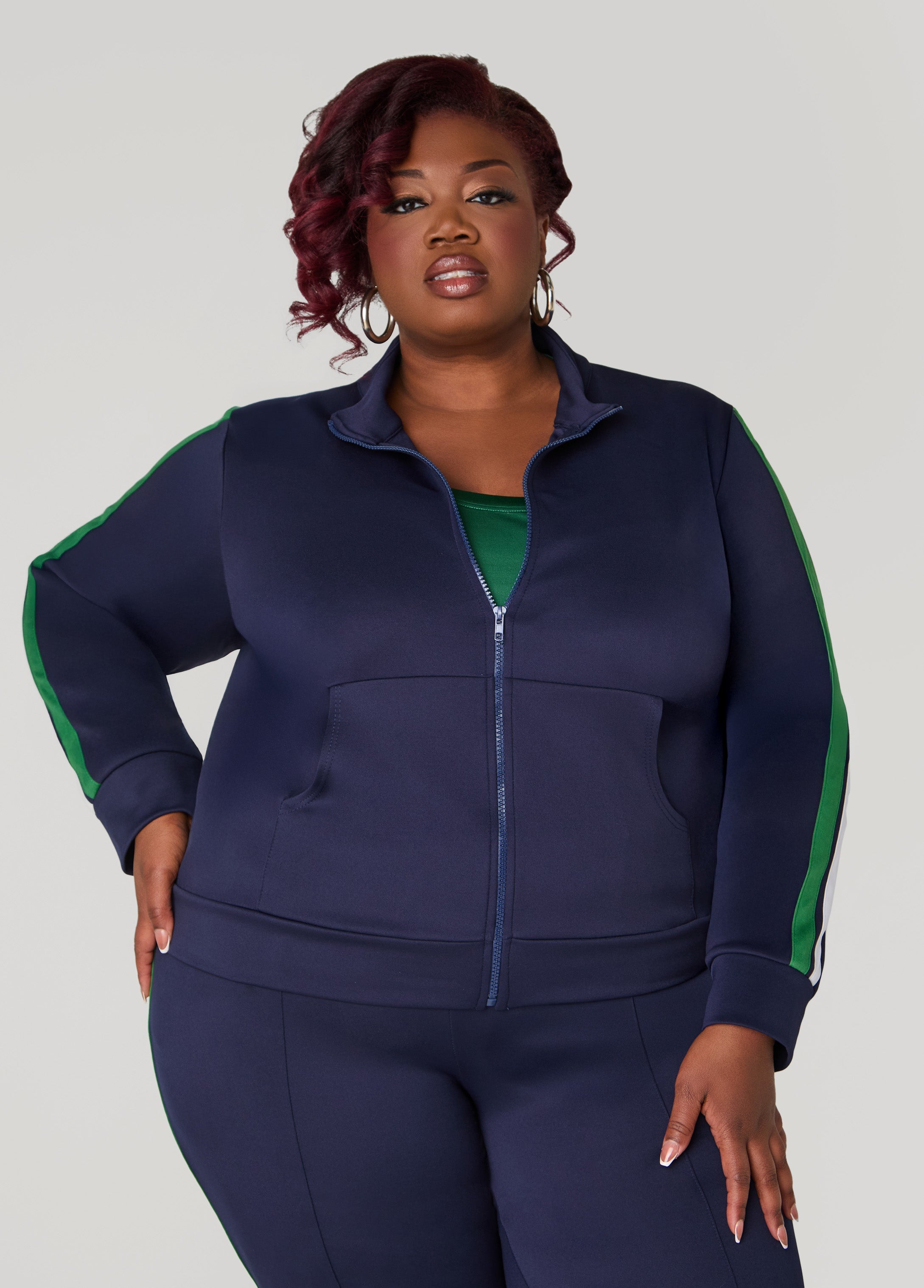 Plus Size Zip Front Striped Track Jacket