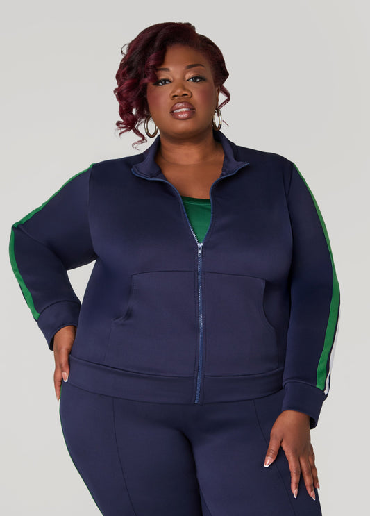 Plus Size Zip Front Striped Track Jacket