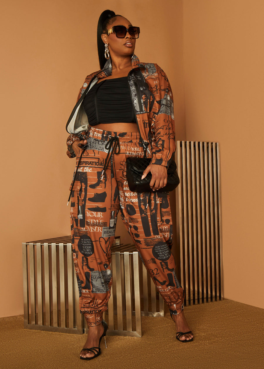 Plus Size Cargo Joggers Newspaper Print Matching Two Piece Sets