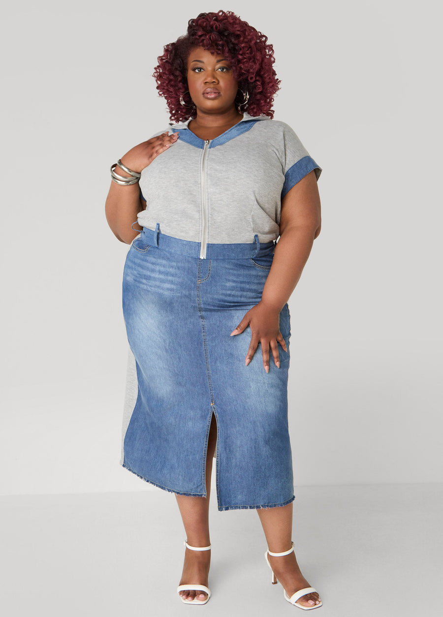 Plus Size Denim Skirt Jean Maxi Skirt Terry Two Piece Matching Set