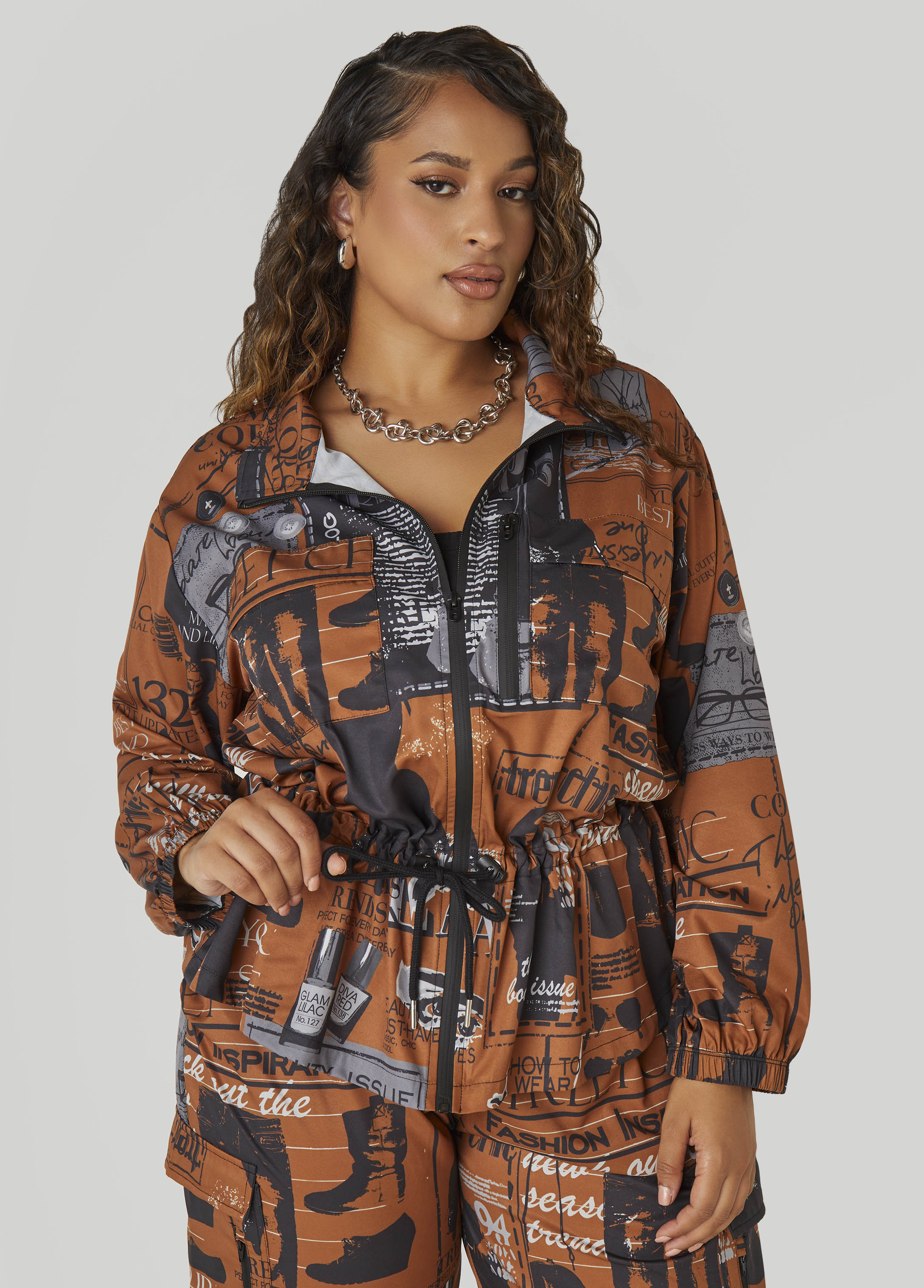 Plus Size Newspaper Print Drawstring Jacket