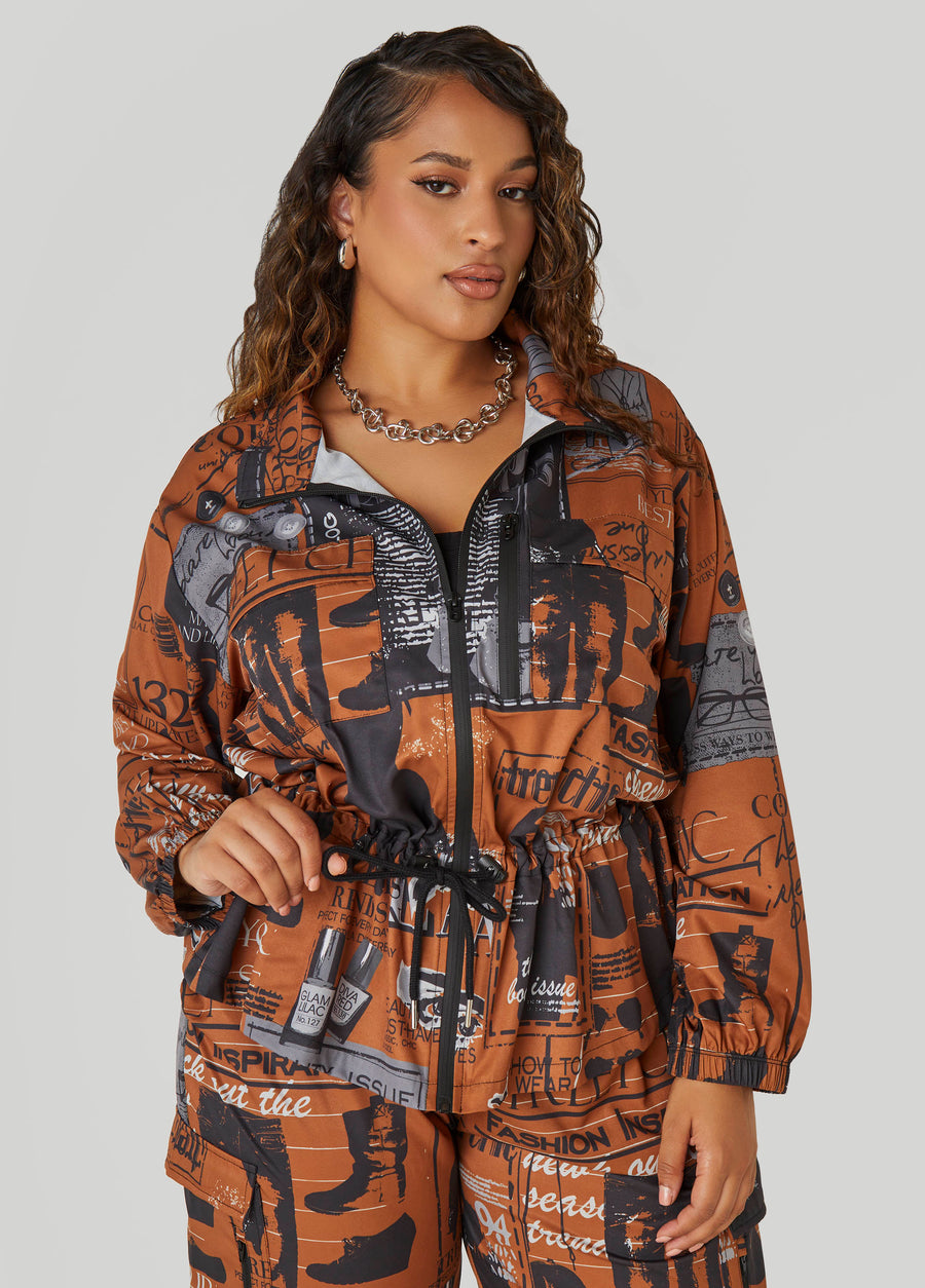 Plus Size Newspaper Print Drawstring Jacket