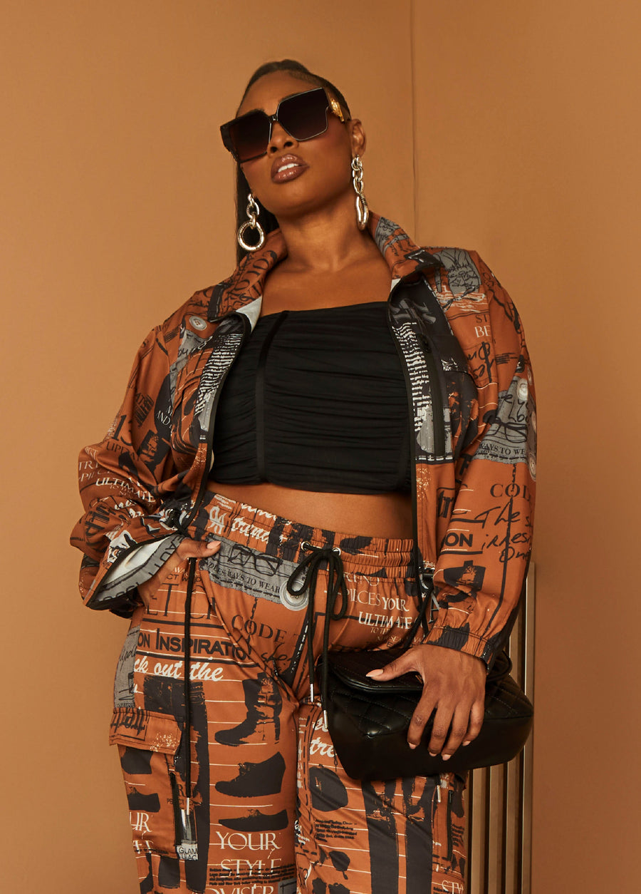 Plus Size Windbreaker Jacket Newspaper Two Piece Matching Set
