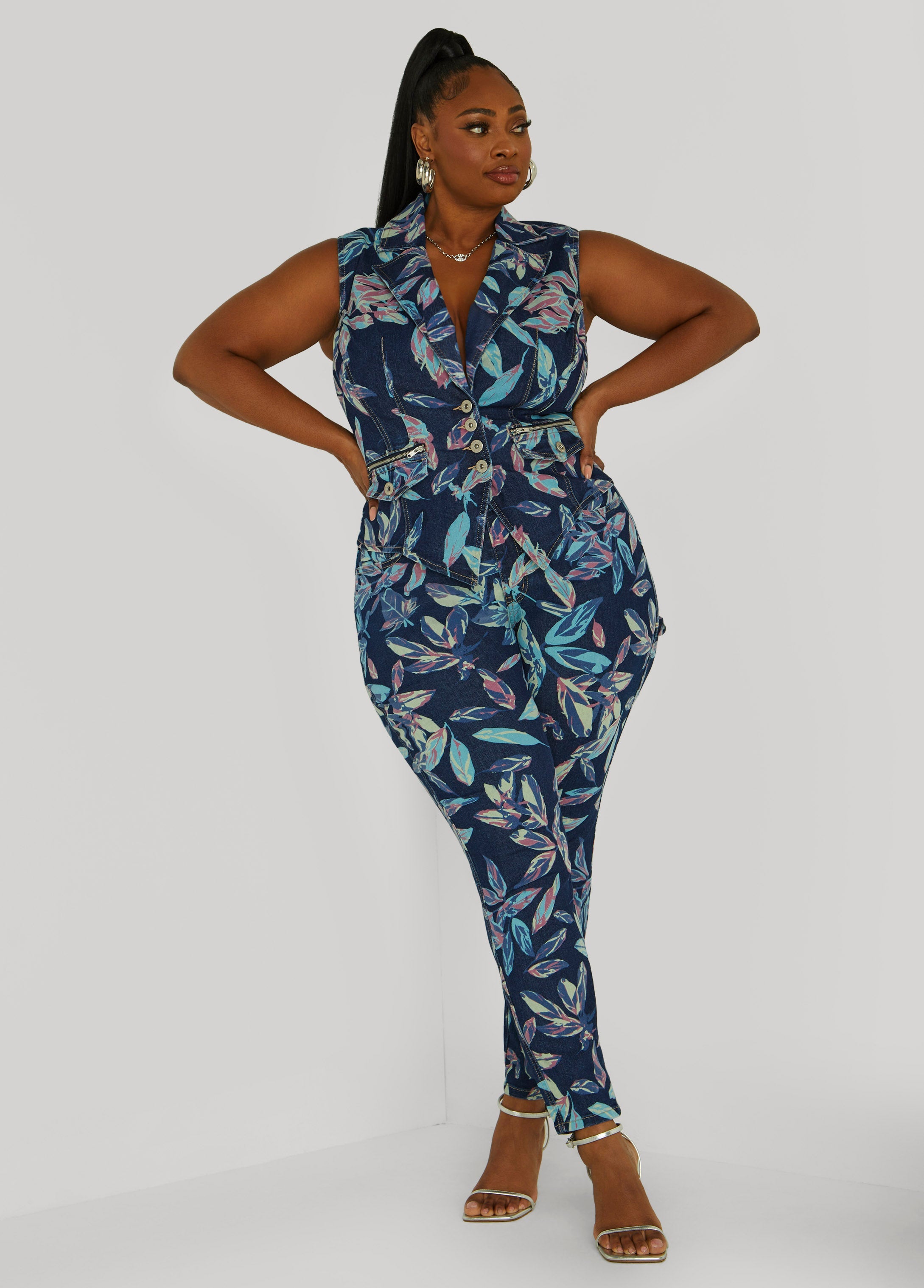 Plus Size Leaf Print Skinny Jeans