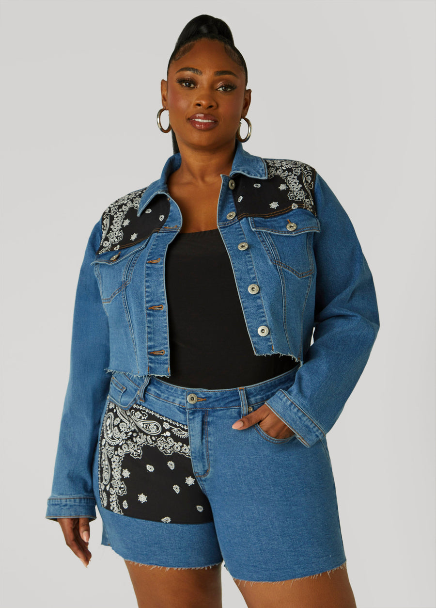 Plus Size Bandana Print Cropped Denim Jacket