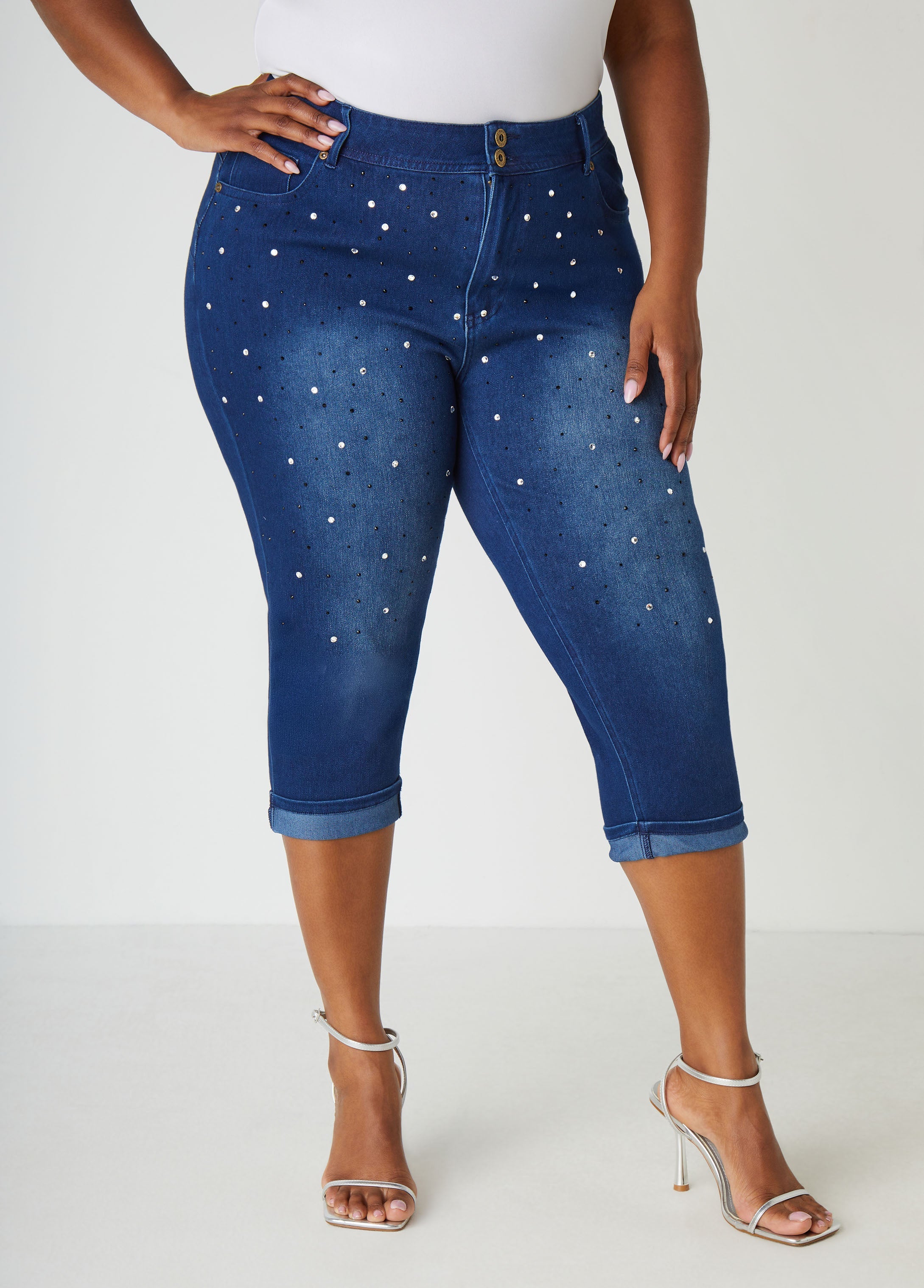 Plus Size Cuffed Crystal Denim Capris