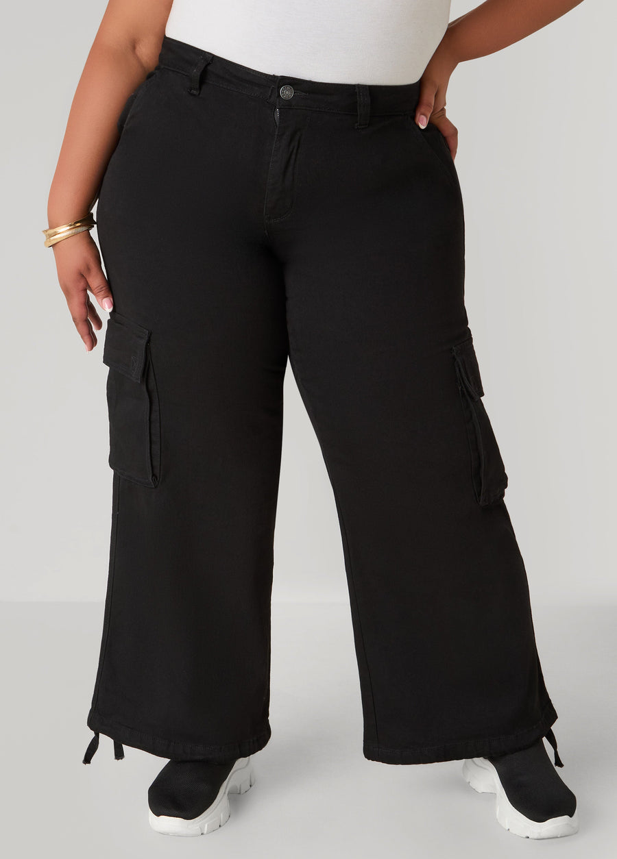 Plus Size Drawstring High Rise Cargo Jeans