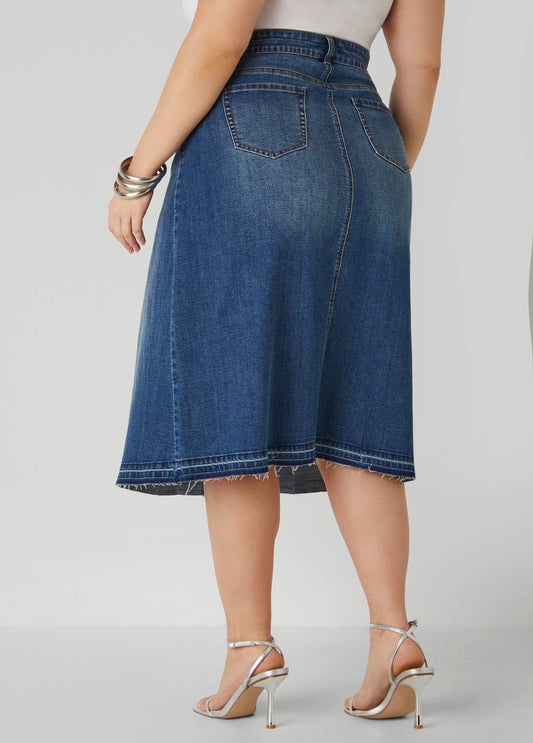 Frayed Pleated Denim Midi Skirt