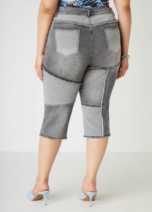 Frayed Patchwork Denim Capris