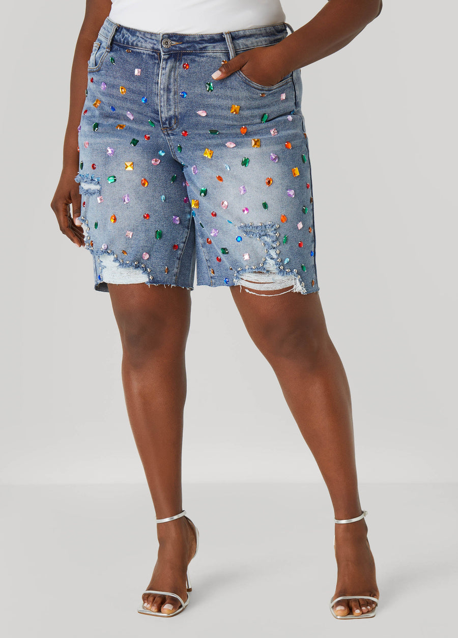 Plus Size Crystal Distressed Denim Shorts