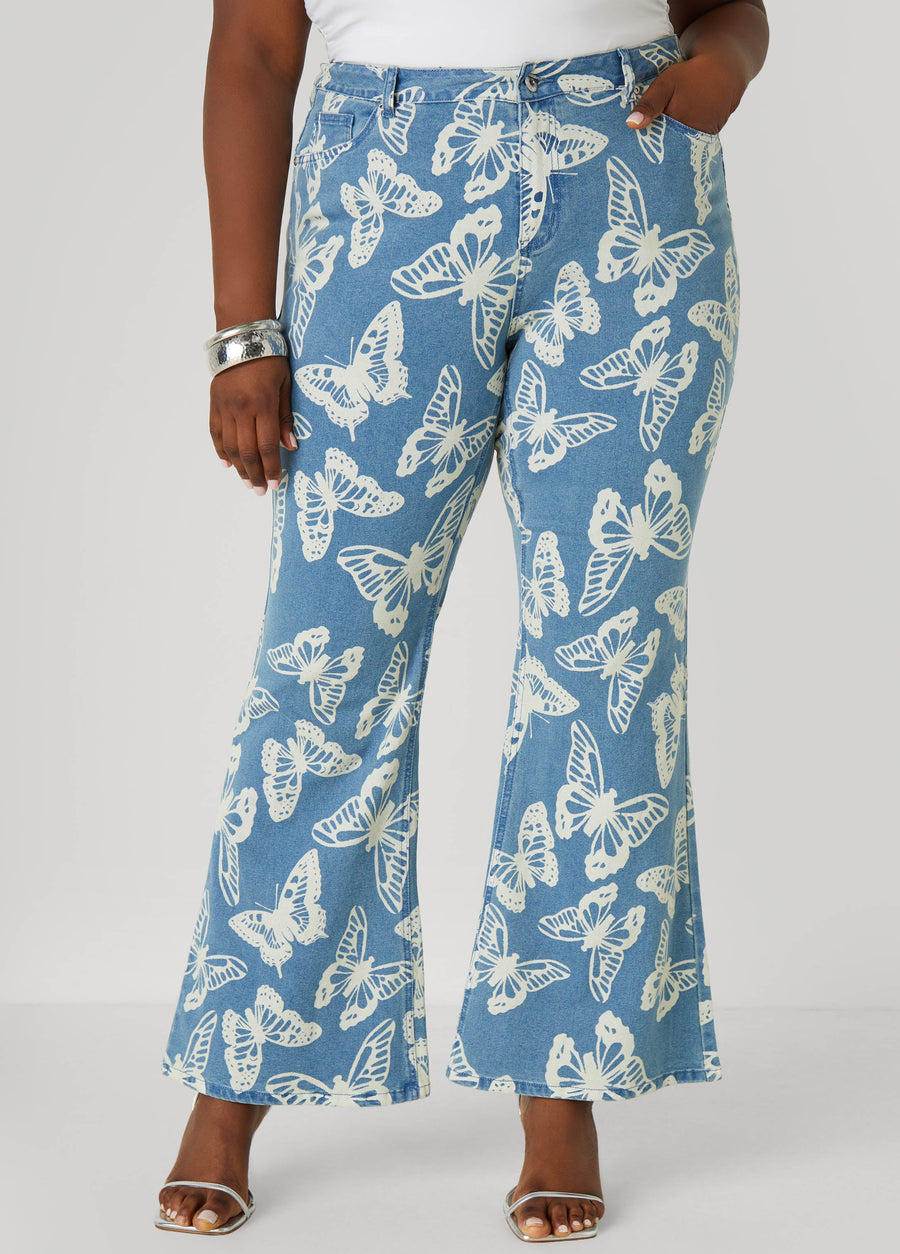 Plus Size Butterfly Print Flared Jeans