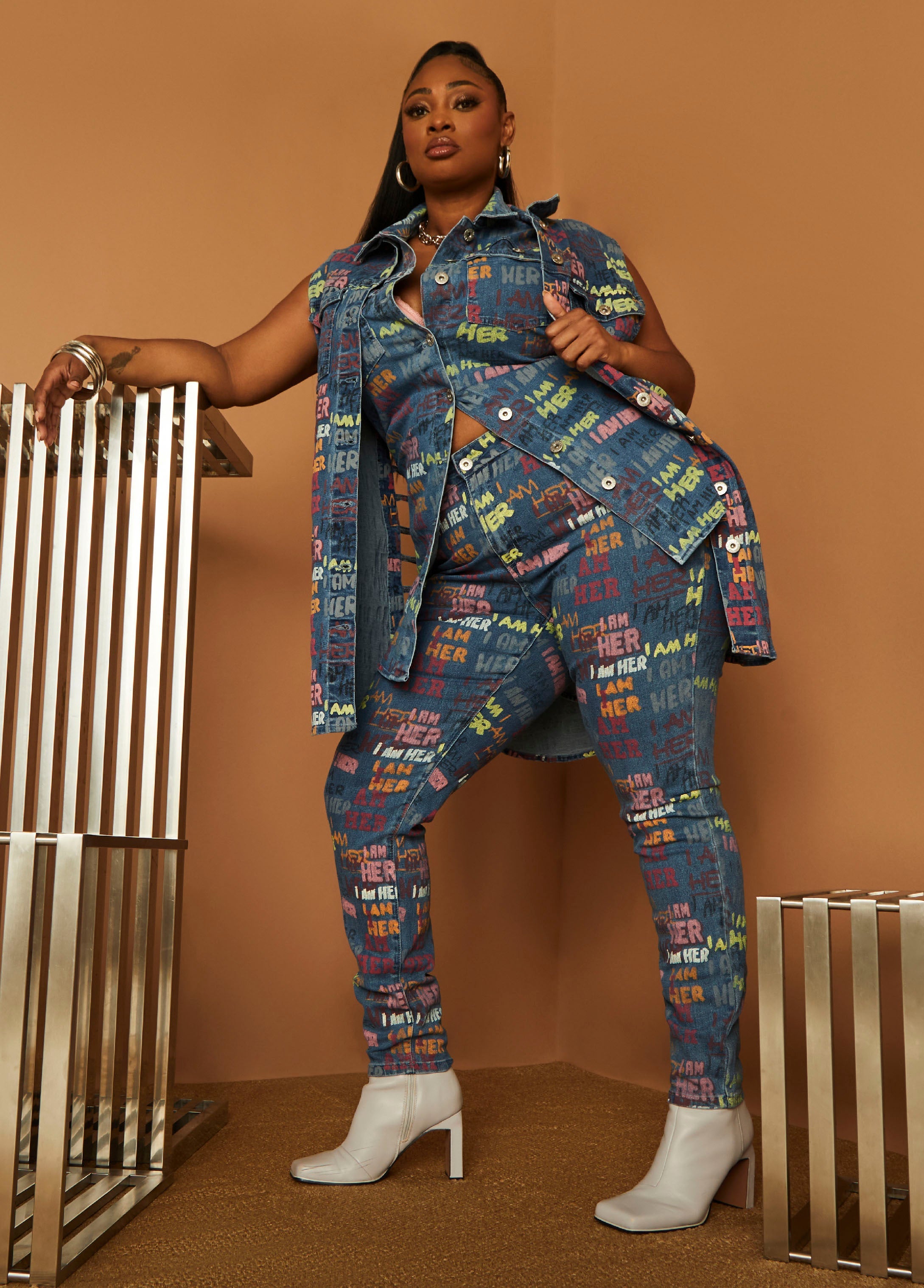 Plus Size I Am Her Print Skinny Jeans Plus Size Denim Matching Set