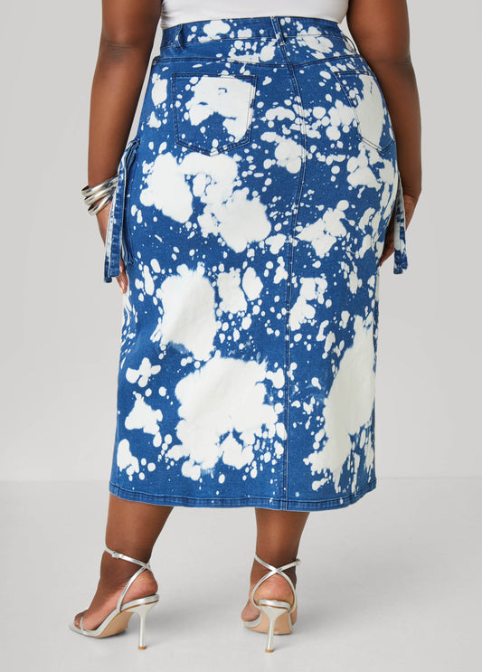 Bleached Denim Maxi Cargo Skirt